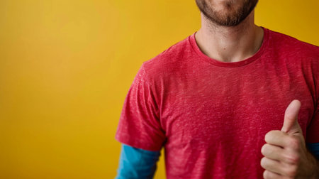 A man wearing a red shirt is happily showing a thumbs up gesture.の素材