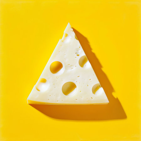 A single piece of cheese placed on a bright yellow background.の素材