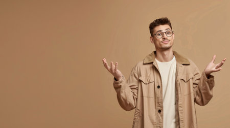 A man wearing glasses and a trench coat standing outdoors.の素材