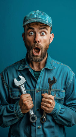 A man looking surprised as he grips a wrench in his hand, possibly reacting to a sudden mechanical issue or unexpected situation.の素材
