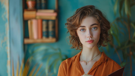 A woman in an orange shirt holding a book in her hands.の素材