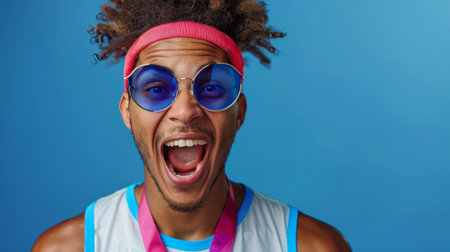 A man is wearing sunglasses and a pink headband.の素材