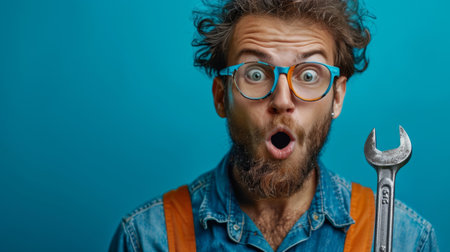 A man with glasses holding a wrench, possibly fixing or working on something.の素材