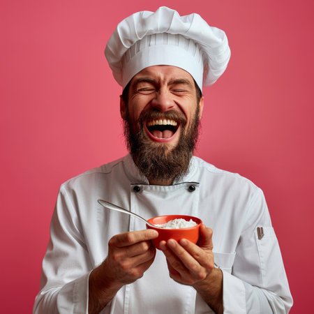 A man in a chefs hat holding a bowl of food.の素材