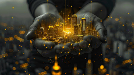 A person, standing with hands extended, set against a city skyline in the background.の素材