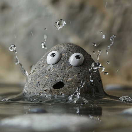 A rock with googly eyes is partially submerged in water, creating a whimsical sight.の素材