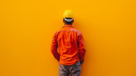 A man wearing a hard hat stands in front of a yellow wall.の素材
