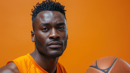 A man standing while holding a basketball in front of a vibrant orange background.の素材