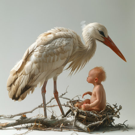 A baby nestled in a nest next to a large bird in a striking display of nature.の素材