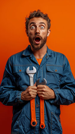 A man holding a wrench in his hand with a surprised expression on his face.の素材