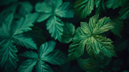 A detailed view of vibrant green leaves growing on a plant, showcasing the intricate patterns and textures.の素材