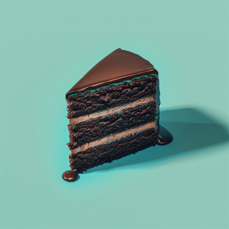A slice of chocolate cake resting on a blue backdrop.の素材