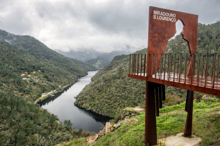 SÃ£o LourenÃ§o - Carrazeda de AnsiÃ£es, Portugal - December 11, 2022: Landscape of the Tua river valley in Portugal, with the SÃ£o LourenÃ§o viewpoint in the foreground, on a cloudy autumn day.のeditorial素材