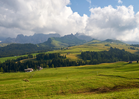 Aerial view with Drone Sassolungo mountains on the Italian Alps Dolomitesの写真素材