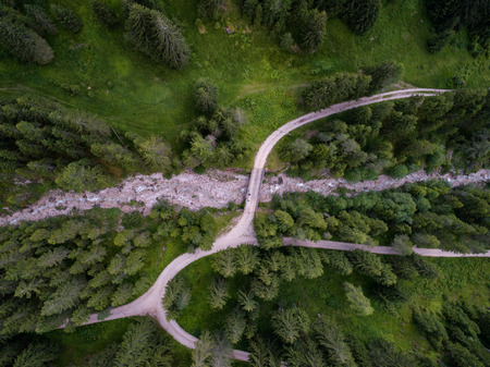 Aerial Drone view of trees from the top on a forest on the Italian Dolomites Alps in Santa Magdalenaの写真素材
