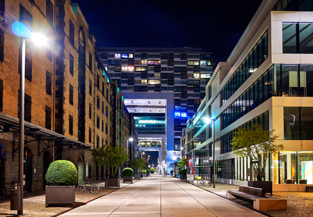 Rheinauhafen modern buildings in Cologne at nightの写真素材