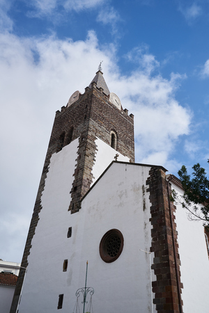 Funchal Cathedral church tower seen from the street in Madeiraの写真素材