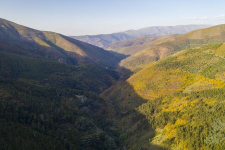 Mountain nature landscape aerial drone view in Piodao schist shale village in Serra da Estrela,...