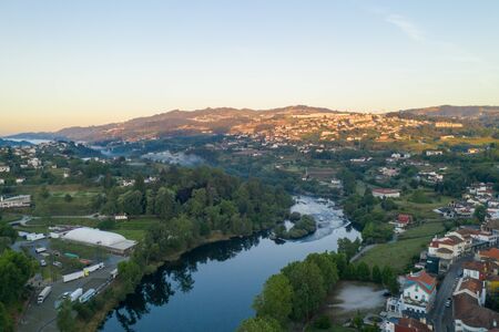 Amarante drone aerial view with of city landscape in Portugal at sunriseの写真素材
