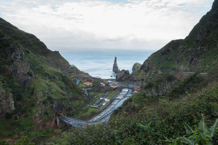 View of Ribeira da Janela from the mountain in Madeira, Portugalの写真素材