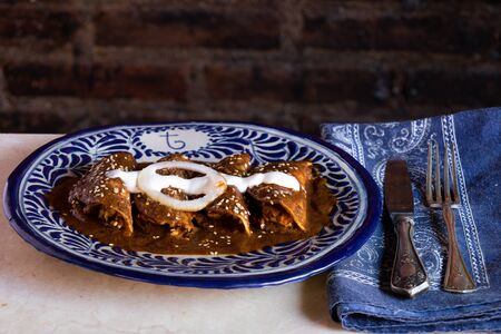 Traditional mexican food enchiladas with mole served on talavera plateの写真素材