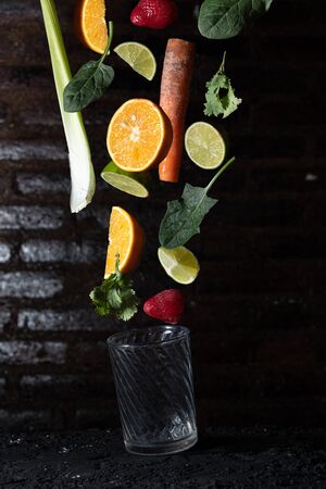 Flying ingredients for a healthy smoothieの写真素材