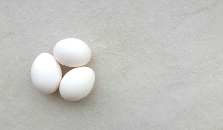 Three white eggs isolated on light backgroundの写真素材