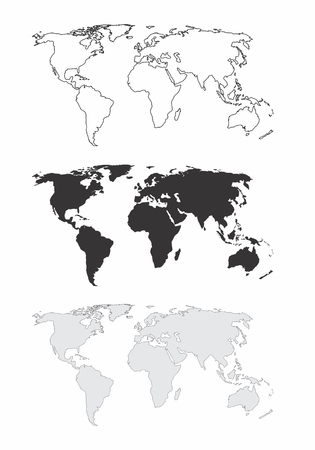 Simplified world maps. Black, white and gray outlines.のイラスト素材