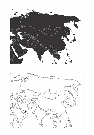 Simplified maps of Asia with countries borders. Black and white outlines.のイラスト素材