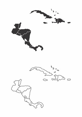 Simplified maps of Central America and the Caribbean with countries borders. Black and white outlines.のイラスト素材