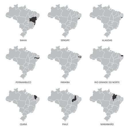 A set of Brazil maps with some highlighted statesのイラスト素材