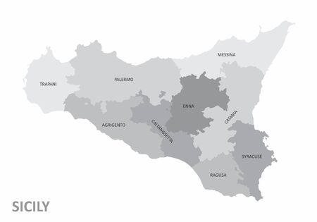 The grayscale map of Sicily region with labels on white backgroundのイラスト素材
