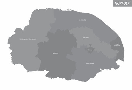 The Norfolk county isolated map divided in administrative regions with labels, UKのイラスト素材
