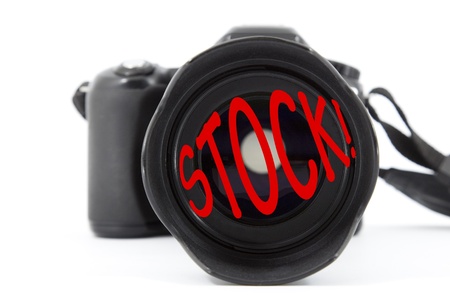 Selective focus on a camera lens with text の写真素材