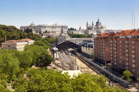 Madrid cityscape with the Prince Pio railway station, the Royal Palace and the Almudena cathedralの写真素材