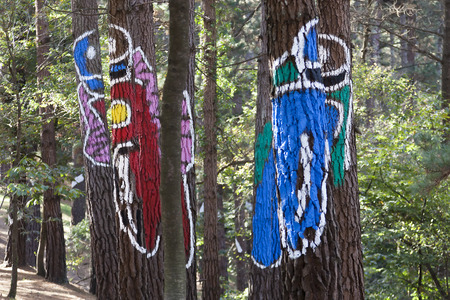Motorcyclists painted on trunks in the Oma forest, by Agustin Ibarrola, in the Basque Country, Spainの写真素材