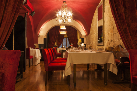 Empty restaurant with traditional decoration in redの写真素材