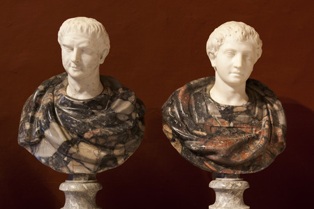 Marble sculptures of two roman senatorsの写真素材