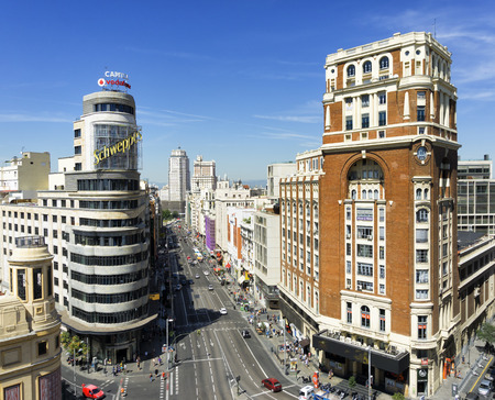 Citiscape Madrid, with the Gran Via street, the Capitol and the Palace of the Press Palace of the Pressのeditorial素材
