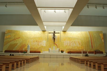 golden interior of the new Cathedral on the Sanctuary of Fatima, Portugalのeditorial素材
