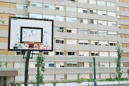 basketball court in a poor urban areaの写真素材