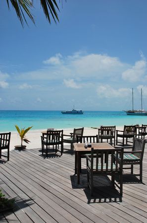 beautiful photo of a tropical view at a beach bar in a maldivian islandの写真素材