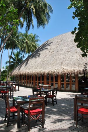 beautiful photo of a tropical view at a restaurant in a maldivian islandの写真素材