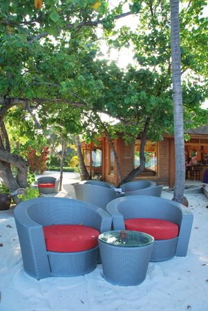 beautiful photo of a tropical view at a beach bar in a maldivian islandの写真素材