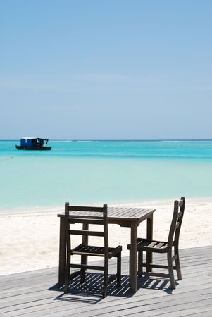 beautiful photo of a tropical view at a beach bar in a maldivian islandの写真素材