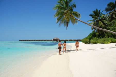 beautiful scene with a family walking by the beach in Maldivesの写真素材