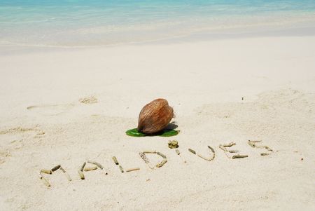 Maldives note written on a white sandy beach and coconut fruitの写真素材