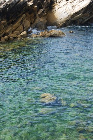 beautiful green seascape between huge rocksの写真素材