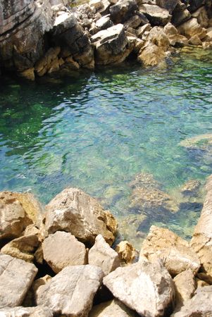 beautiful green seascape between huge rocksの写真素材