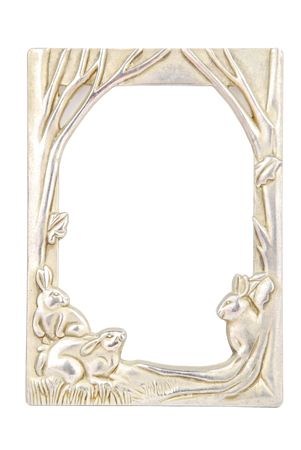 rabbit metal photo-frame isolated on white backgroundの写真素材